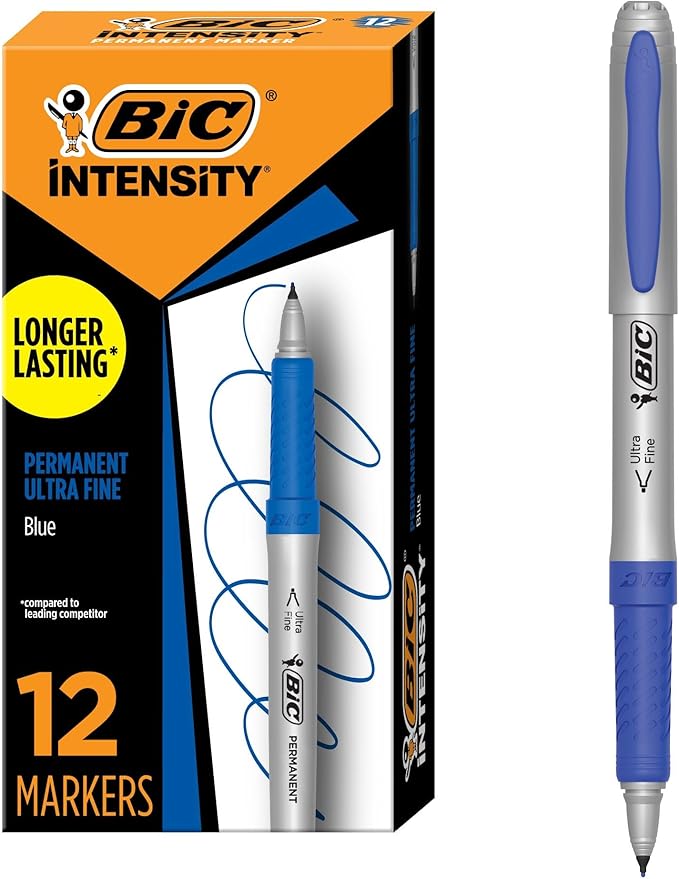 BIC Intensity Blue Permanent Markers, Ultra Fine Point, 12-Count Pack of Blue Markers With Non-Slip Grip for Comfort and Control-DeskLoop Office