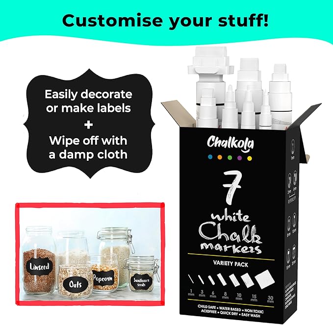 7 White Chalk Markers for Chalkboard Signs, Blackboard, Car Window, Bistro, Glass | 7 Variety Pack - Thin, Fine Tip, Bold & Jumbo Size Erasable Liquid Chalk Pens (1mm, 3mm, 6mm, 8mm, 10mm, 15mm, 30mm)-DeskLoop Office
