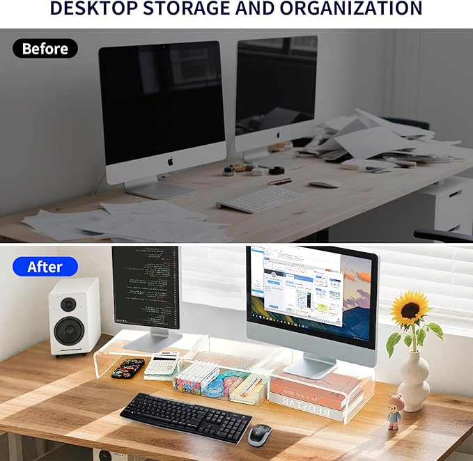 Clear Acrylic Desk Organizers and Accessories, Dual Computer Monitor Stand Riser with Drawer, Desk Shelf for Monitor, Workspace Desktop Organization for Office Supplies-DeskLoop Office