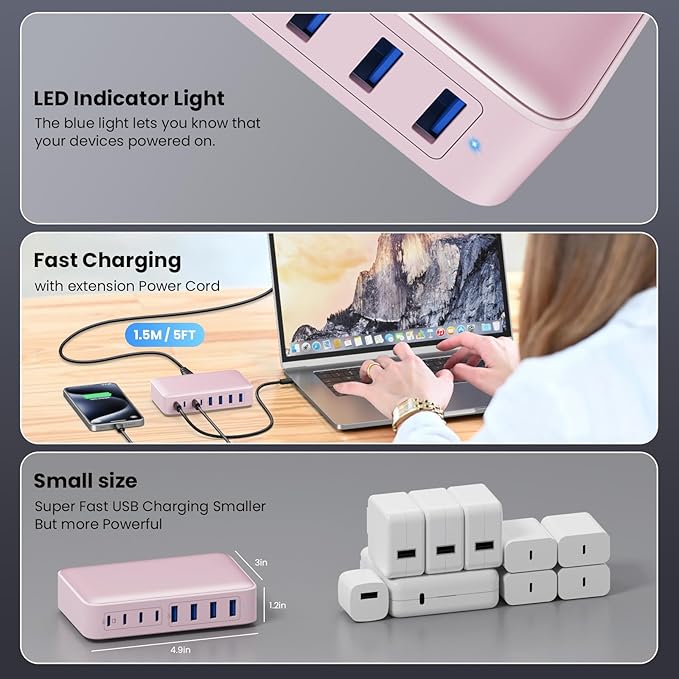 USB C Charger 200W USB C Charger Block,Upgraded GaN III 8-Port Fast Charging Station Hub,PD 65W Laptop Charging Adapter Compatible with MacBook Pro/Air,DELL,Steam Deck,iPhone 16/15/14,Galaxy S23/22-DeskLoop Office