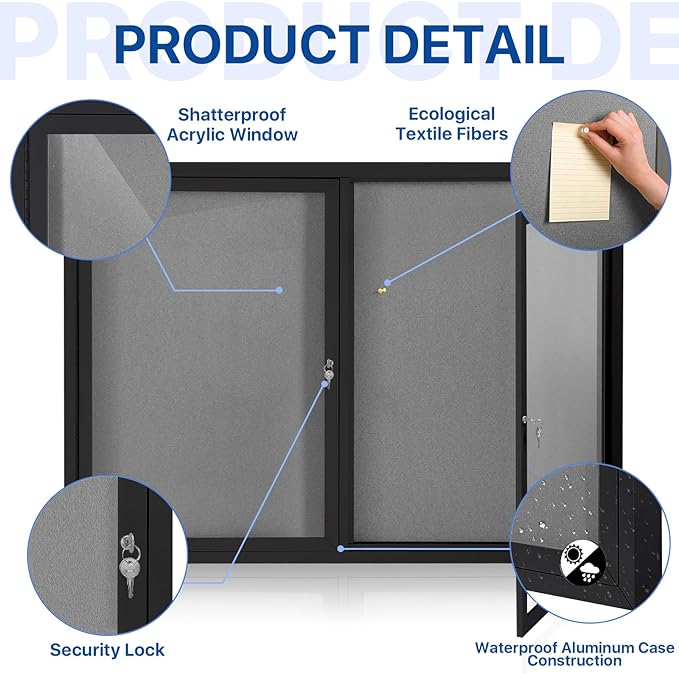 SWANCROWN Enclosed Bulletin Board 48x36in, Outdoor Bulletin Board Weatherproof for Office School Commerce, Grey Felt, Black Aluminum Frame-DeskLoop Office