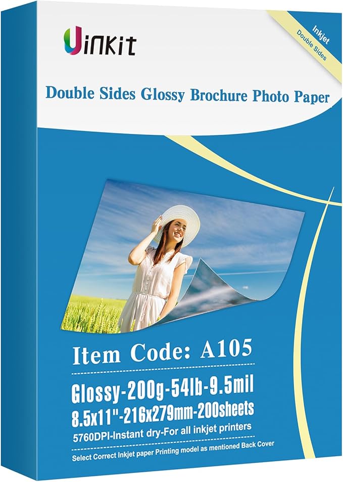 Uinkit 200 Sheets Double Sided Photo Paper Glossy 8.5x11 54lbs Inkjet for Dye Ink 200Gsm Value Bulk Pack Picture 8.5 x 11 9.5Mil for Inkjet Printing Printer (200sheets, 8.5x11)-DeskLoop Office