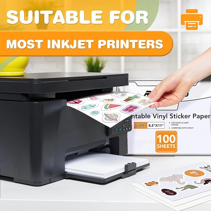 100 PCS Sticker Paper for Inkjet Printer,Printable Vinyl Sticker Paper Dries Quickly Vivid Colors,8.5"x11" Tear Resistant Printable Vinyl,Glossy White,Inkjet & Laser Printer