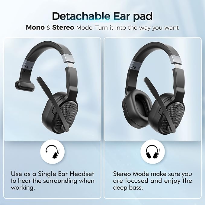 Trucker Bluetooth Headset with Dongle, Wireless Headsets with Noise Cancelling Microphone, 50+Hrs HD Talktime Bluetooth Headphones with Detachable Earpad/Single+Dual Mode for Office/Driving-DeskLoop Office