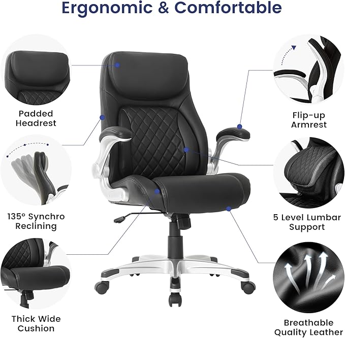 Nouhaus Ergonomic Office Chair Premium Microfiber Leather Adjustable Lumbar Support & Armrests, High Back Comfy Desk Gaming Chairs Executive Computer Swivel Chair Tilt Function(Posture,Black)-DeskLoop Office