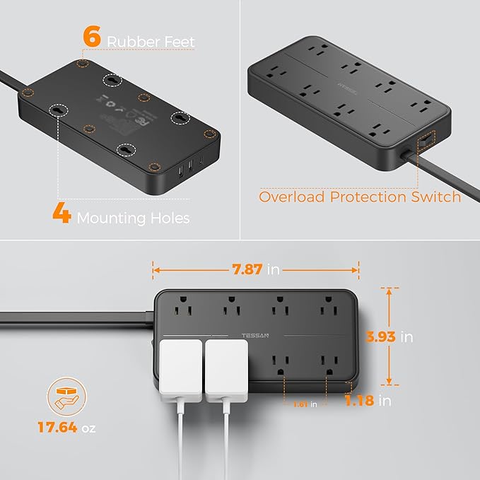 2000J Surge Protector Power Strip, TESSAN 5 FT Extension Cord with Multiple Outlets Flat Plug, 3 USB (1 USB C) and 8 AC Outlets, Wall Mount USB Charging Station for Home Office Supplies, Black-DeskLoop Office