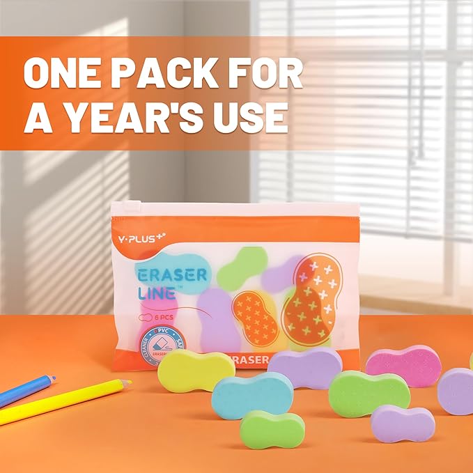 Yplus Eraser Line - Hipolymer Pencil Erasers for School Office, Cute White Rubber Eraser for Kids, Artist No Residues, 6 Pcs Multicolors-DeskLoop Office