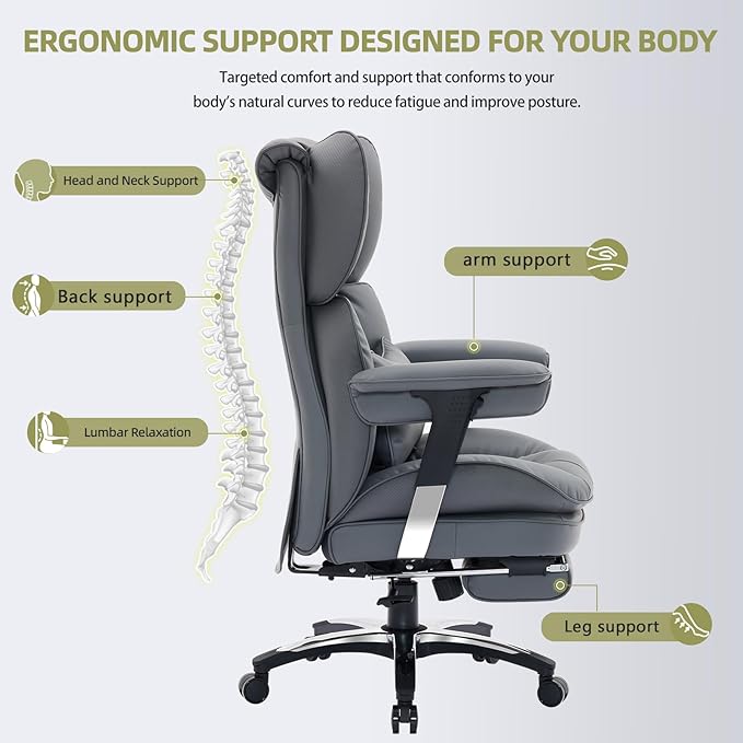 Efomao Big and Tall Office Chair with Footrest – High Back Computer Chair with Adjustable Armrests,Executive Office Chair with Wide Seat, Modern Desk Chair for Home Office, Gaming, or Study, Grey-DeskLoop Office