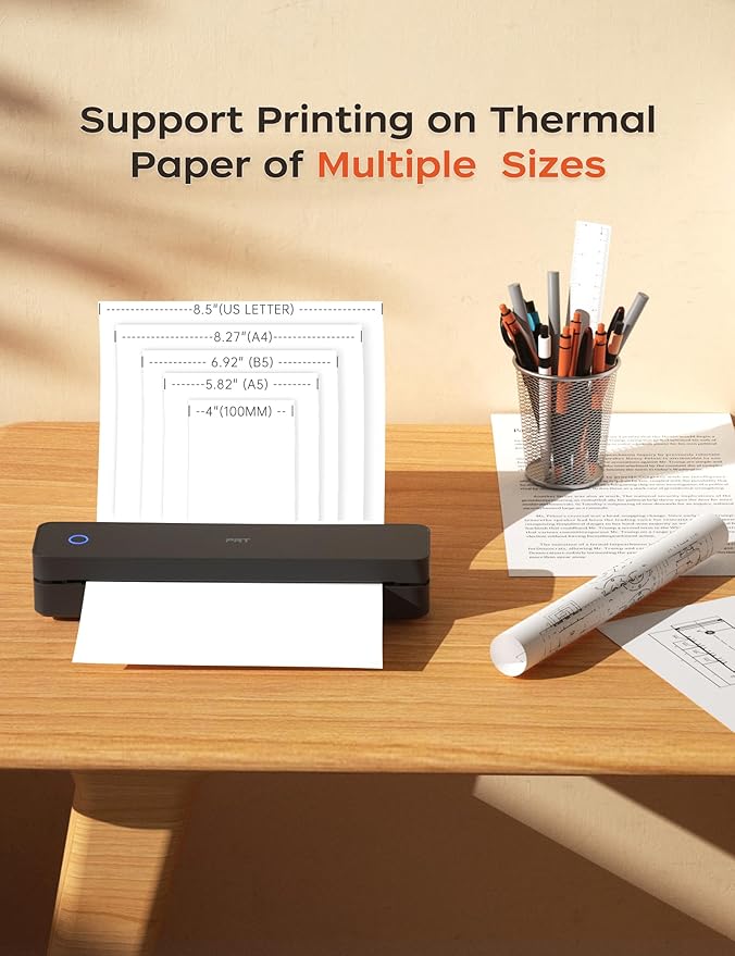 PRT Portable Printer Wireless for Travel, Inkless Bluetooth Small Mobile Thermal Printer, Support 8.5" X 11", A4, Compatible with iOS, Android, Laptop for Home Use, Office & Vehicles, 300 DPI, Black-DeskLoop Office