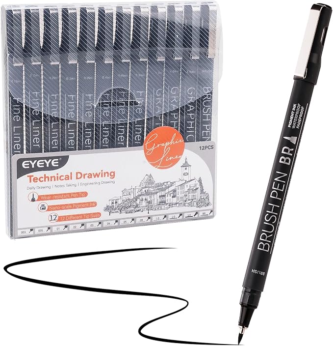 EYEYE Micro Fineliner Pens, Black Drawing Art Pens,12 Archival Pen Waterproof Ink Set Artist Supplies Archival Inking Markers Sketch Outline Pen, Precision Drawing and Sketching Kit-DeskLoop Office