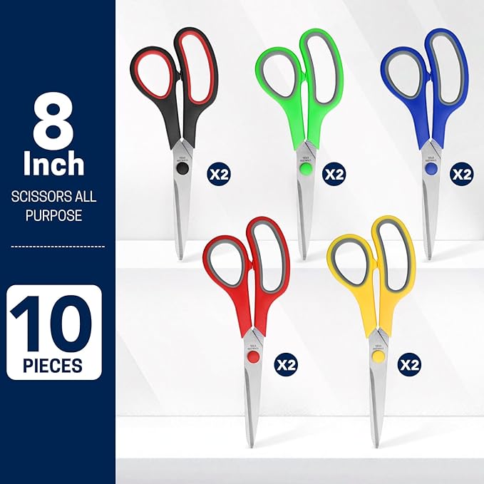8" 10 Pack All Purpose Heavy Duty Scissors- Comfort-Grip Sharp Scissors for Office School Sewing Fabric Craft High/Middle School Student Teacher Scissor, Right/Left Hand-DeskLoop Office