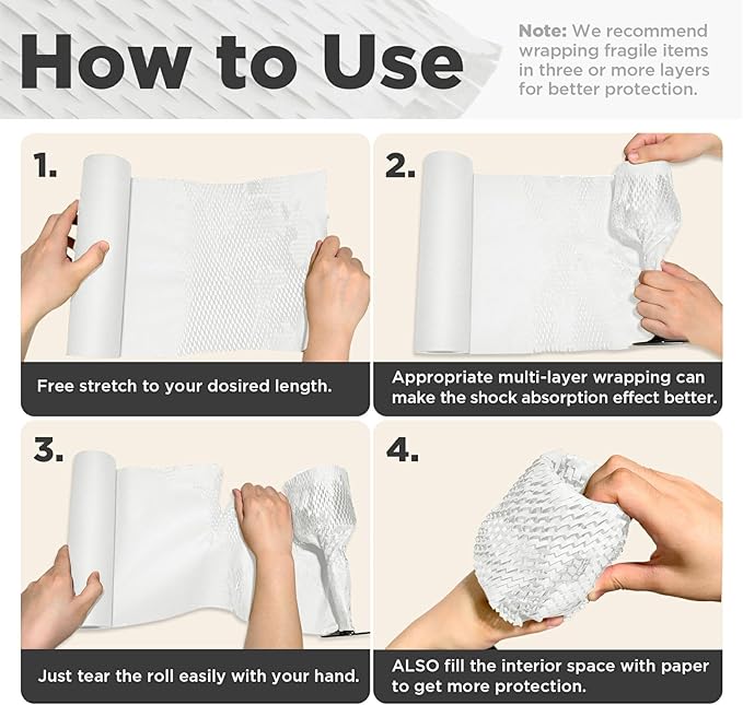 Honeycomb Packing Paper, 12"x200' White | Perforated Honeycomb Packing Paper Recyclable Moving Supplies for Shipping & Moving | Plastic-Free Alternative to Bubble Cushion Wrap with 36 Fragile Stickers-DeskLoop Office