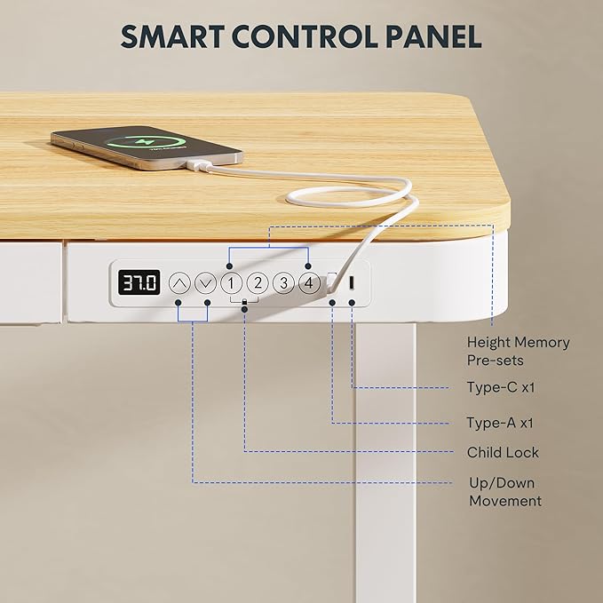 FLEXISPOT Comhar Electric Standing Desk with Drawers Charging USB Port, Height Adjustable 48" Whole-Piece Quick Install Home Office Computer Laptop Table with Storage (Maple Top + White Frame)-DeskLoop Office