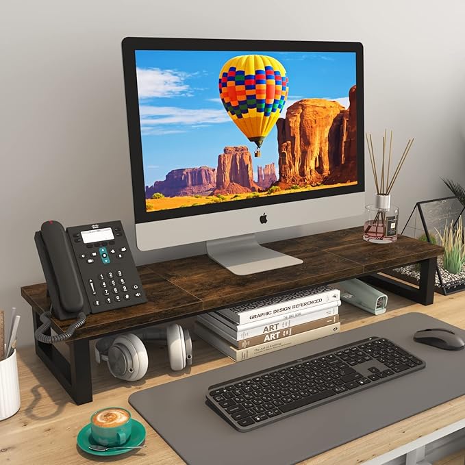 Dual Monitor Stand Riser, 39Inch Large Monitor Stands for 2 Monitors, Computer Monitor Stand, Wooden Desktop Oraganizer Shelf for Office Desk Computer,Laptop,TV-DeskLoop Office