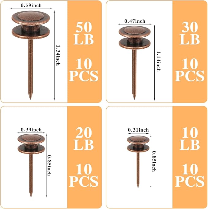 Ferraycle 40 Piece Double Headed Picture Hangers Nails 4 Size Long Thumb Tacks for Wall Hanging Decorative Nails Push Pins Picture Hooks for Drywall Photo Decor, 10/20/ 30/ 50lb(Red Antique)-DeskLoop Office