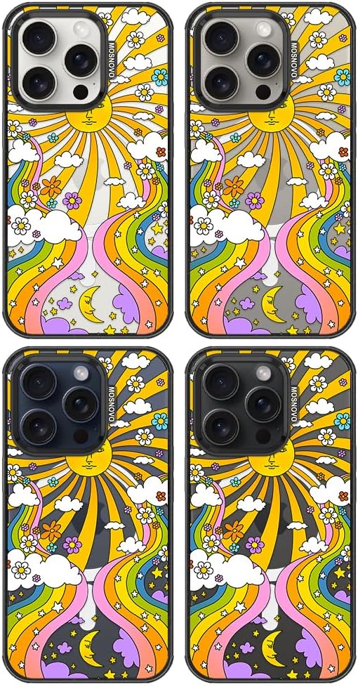 MOSNOVO Magnetic Case for iPhone 15 Pro, 10ft Military-Grade Protection, Compatible with Magsafe, Shockproof Phone Case for iPhone 15 Pro - 70's Psychedelic Groovy Art - Clear Black-DeskLoop Office