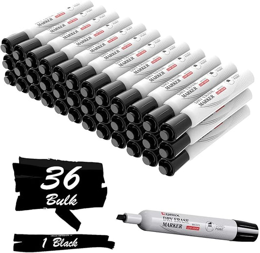 Comix Dry Erase Markers, Chisel Tip Black White Board Markers, 36 Bulk Black Colors Low Odor Markers for Kids Office & School Supplies-DeskLoop Office