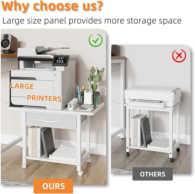 22"x15" Large Printer Stand with Storage Drawer, 2-Tier Under Desk Table for Home Office, Fits Fax Machine/3D Printer/Scanner (White)-DeskLoop Office