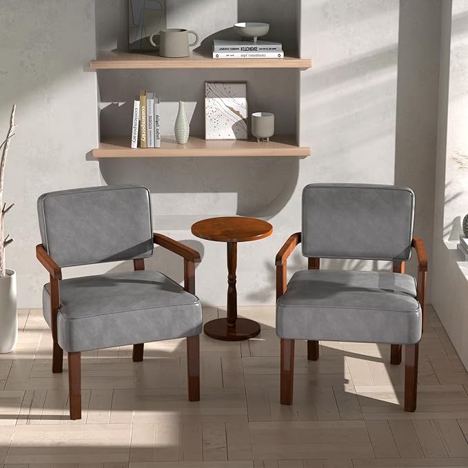 Accent Chair, PU Leather Oversized Living Room Chairs with Soft Seat and Armrests, Armchair for Bedroom, Dinning, Reading and Waiting Rooms (Leather Gray)-DeskLoop Office