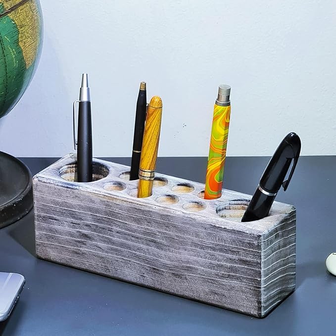 Whitewashed Wooden Pen Holder, Grey Solid Wood Desk Organizer, Rustic Paint Brush Holder and Art Supplies Organizer-DeskLoop Office