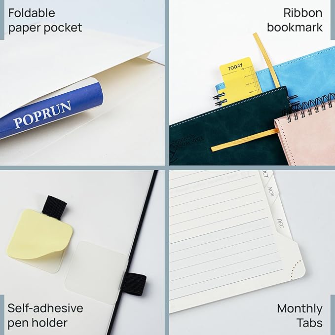 POPRUN Weekly Planner 2026 (Medium 6.5" x 8.5") Calendar 12 Months Notebook with Horizontal Layout, Leather Soft Cover, Monthly Tabs, Inner Pocket, 100GSM Thick Paper, Pen Holder - Black-DeskLoop Office