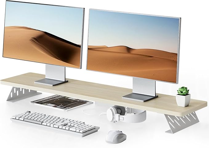 Fenge Dual Monitor Stand Riser, 42.5 Inch Desk Top Shelf for 2 Monitors, Computer Stands for Desk, Wood & Steel Desktop Riser for Laptop, PC, Printer-DeskLoop Office