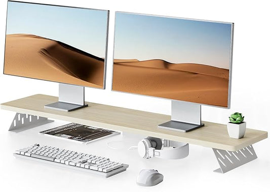 Fenge Dual Monitor Stand Riser, 42.5 Inch Desk Top Shelf for 2 Monitors, Computer Stands for Desk, Wood & Steel Desktop Riser for Laptop, PC, Printer-DeskLoop Office