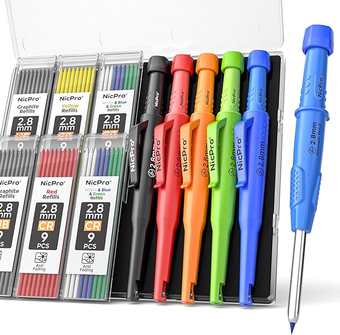 Nicpro 5 Pack CP3000 Carpenter Pencil with Sharpener, Mechanical Pencils Set with 59 Refills, Heavy Duty Construction Pencil, Carpenter Tools for Architect Marking (Red, Black, Orange, Green, Blue)-DeskLoop Office