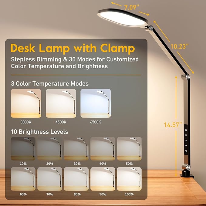 Desk Lights for Home Office, 1200 Lumen LED Desk Lamps with Clamp, Highly Eye-Caring Video Conference Light for Computer, 3 Color 10 Brightness Levels for Ideal Lighting, Remote, Memory & Timer-DeskLoop Office