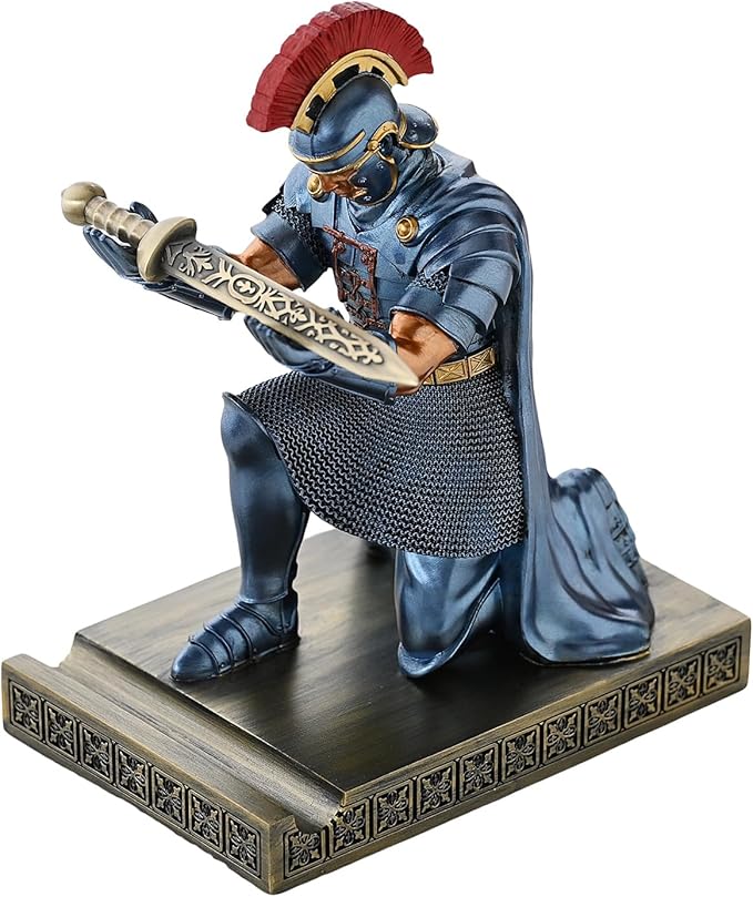 Roman Praetorian Prefect Warrior Knight Pen Holder Desk Ornament Resin Praetorian Guard Mobile Phone Stand Desk Accessories and Organizer for Office with a Letter Opener (Blue)-DeskLoop Office