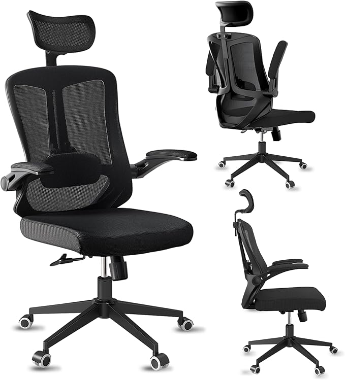 Comfy Office Chair, Home Ergonomic Desk Chairs, High Back Gaming Mesh Computer Chair with Wheels, Lumbar Support, Adjustable Headrest, Flip-up Armrest 350LBS Capacity-DeskLoop Office