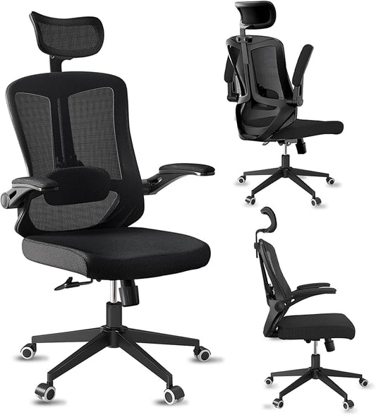 Comfy Office Chair, Home Ergonomic Desk Chairs, High Back Gaming Mesh Computer Chair with Wheels, Lumbar Support, Adjustable Headrest, Flip-up Armrest 350LBS Capacity-DeskLoop Office