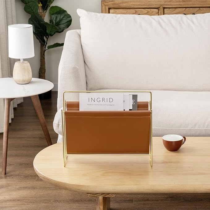 MyGift 15-Inch Modern Brown Leatherette & Brass Plated Metal Magazine Holder – Floor Standing Faux Leather Sling Style Newspaper Rack for Home, Bathroom, Office Decor-DeskLoop Office