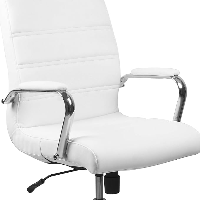 Flash Furniture Whitney Mid-Back Swivel LeatherSoft Desk Chair with Padded Seat and Armrests, Adjustable Height Padded Office Chair, White/Chrome-DeskLoop Office