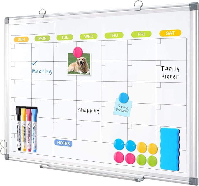 Dry Erase Calendar Whiteboard for Wall, WALGLASS 24" x 18" Magnetic White Board, Monthly Dry Erase Calendar with Silver Aluminum Frame, Double-Sided Hanging Portable Board for Office, Home, School-DeskLoop Office