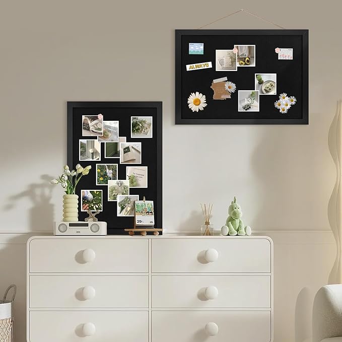 Black Cork Board Bulletin Board 16.7" x 11", Small Linen Corkboards with Frame for Walls, Cute Picture Display Pin Board Vision Board for Room School Office Bedroom 8 Pushpins-DeskLoop Office