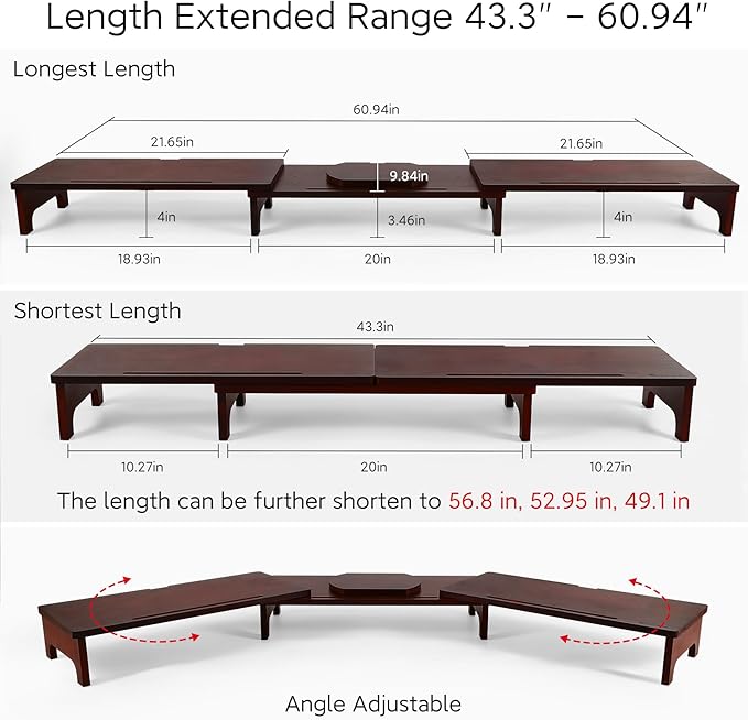 Nnewvante Monitor Stand Riser, Upgrade Height Large TV Riser, 60 inch Large Bamboo Dual Monitor Stand for Desk, 3 Shelves Desktop Screen Riser with Adjustable Length Angle for Computer Laptop Walnut-DeskLoop Office