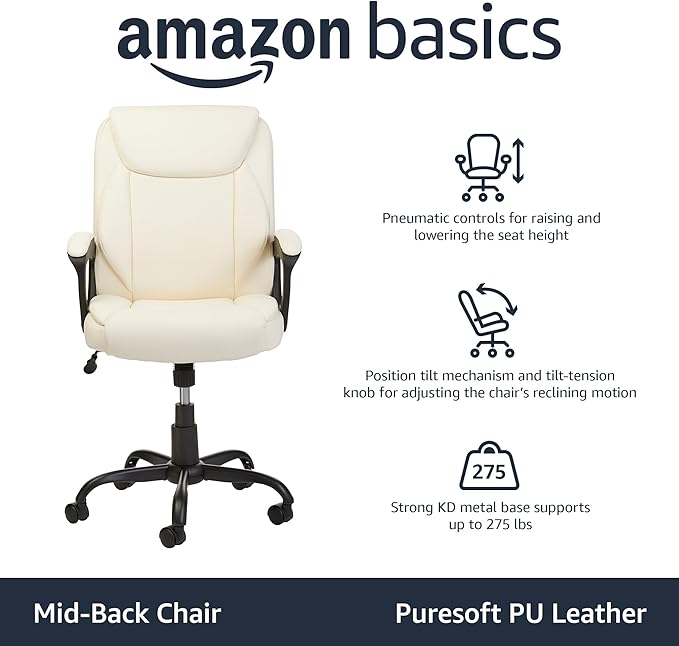 Amazon Basics Classic Puresoft PU Padded Mid-Back Height Adjustable Office Computer Desk Chair with Armrest, 26"D x 23.75"W x 42"H, Cream-DeskLoop Office