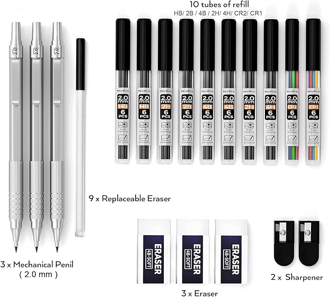 Nicpro Metal 2.0 Mechanical Pencil Set with Case, 3 PCS Drafting Lead Holder with 10 Tubes 2mm Graphite Lead Refill(HB 2H 4H 2B 4B) &Colors, Sharpeners, Erasers for Artist Writing, Drawing, Sketching-DeskLoop Office