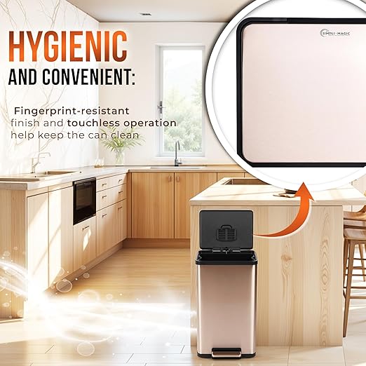 Simpli-Magic 13.2 Gallon (50L) Step Trash Can – Kitchen Garbage Can with Slow-Close Lid – Odor Control, Hands-Free, Easy to Clean, Brushed Stainless Steel (Rose Gold)-DeskLoop Office