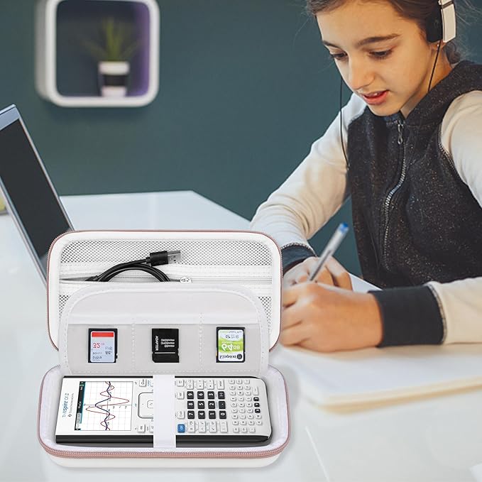 BOVKE Calculator Case for Texas Instruments TI-Nspire CX II CAS/CX II/CX CAS/CX Color Graphing Calculator and More - Extra Mesh Pocket for USB Cables and Other Accessories, White-DeskLoop Office