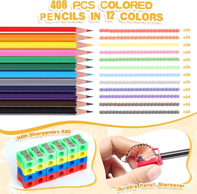 408 Packs Colored Pencils Bulk Classroom, Colored Pencils for Kids 12 Assorted Colors, Coloring Pencil Set Plus 40 Sharpeners, Pre-sharpened Color Pencil, Back to School Supplies Bulk for Teachers-DeskLoop Office