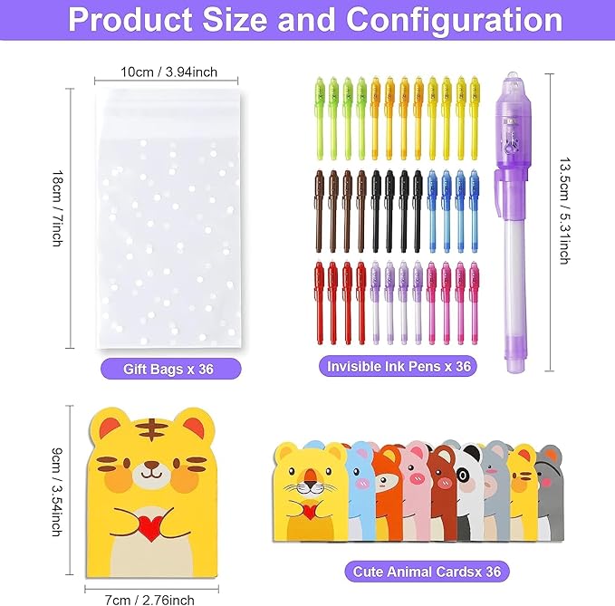 36PCS Invisible Ink Pens with UV Light, Spy Pens with Animal Cards & Goodie Bags, Party Favors for Kids 8-12, Classroom Prizes, Stocking Stuffers-DeskLoop Office