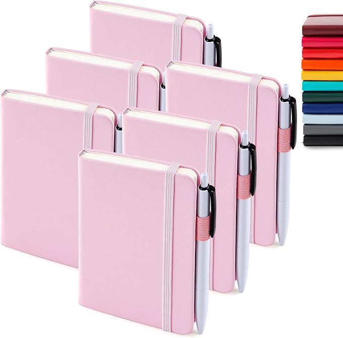 feela 6 Pack Pocket Small Notebooks Bulk, Mini Cute Memo Notepads Hardcover College Ruled Lined Journals with Pen Holder for Women Girls Office School, with 6 Black Pens, 3.5”x 5.5”, A6, Rose Pink-DeskLoop Office