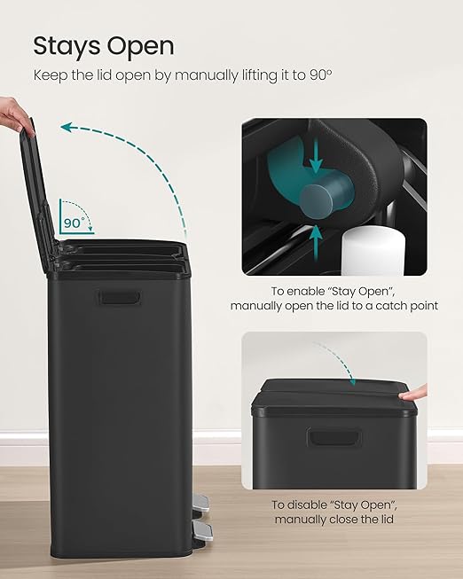 SONGMICS Trash Can, 2 x 8 Gallon (2 x 30 L) Dual-Compartment Garbage Can with Soft-Close Lid, Pedal and Inner Buckets, Stainless Steel, Includes 15 Liner Bags, Ink Black ULTB741B01-DeskLoop Office