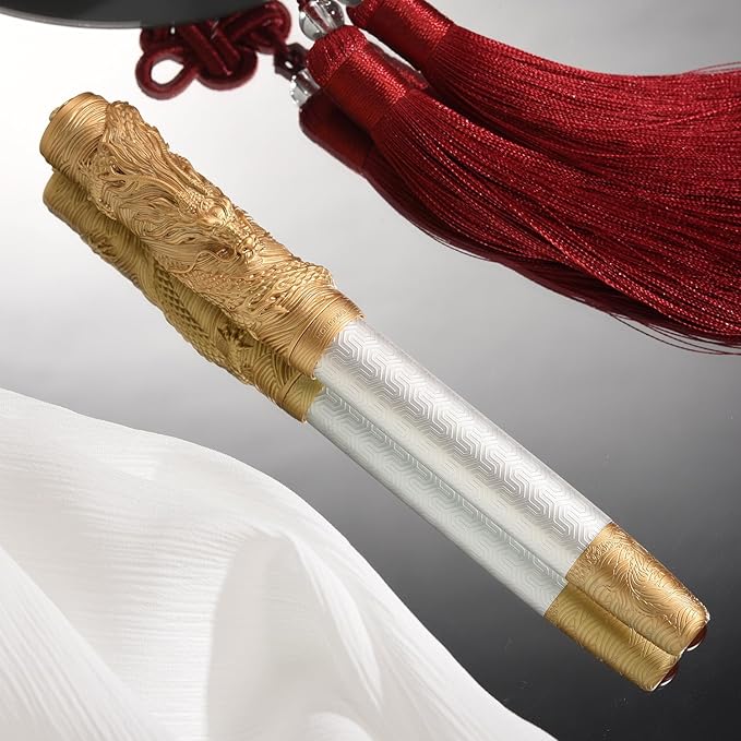 Hongdian A24 Fountain Pen Fine Nib, Snow White & Golden Dragon Stereoscopic Carving Cap Design-DeskLoop Office