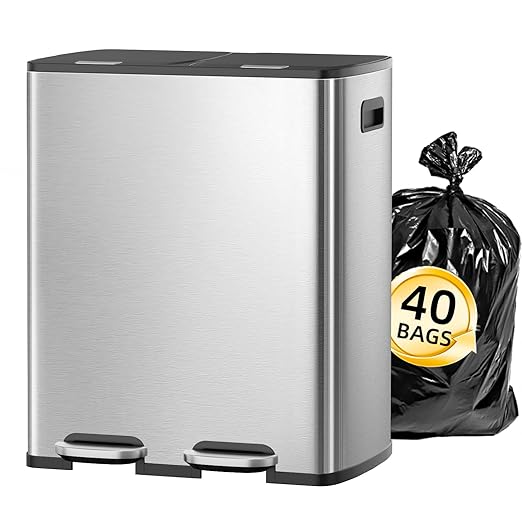 KUK 60 Liter / 16 Gallon Dual Trash Can with Lid, Stainless Steel Kitchen Step Garbage Can, 2 x 8 Gal Double Compartment Classified Rubbish Bin with 2 Plastic Inner Buckets Silver-DeskLoop Office