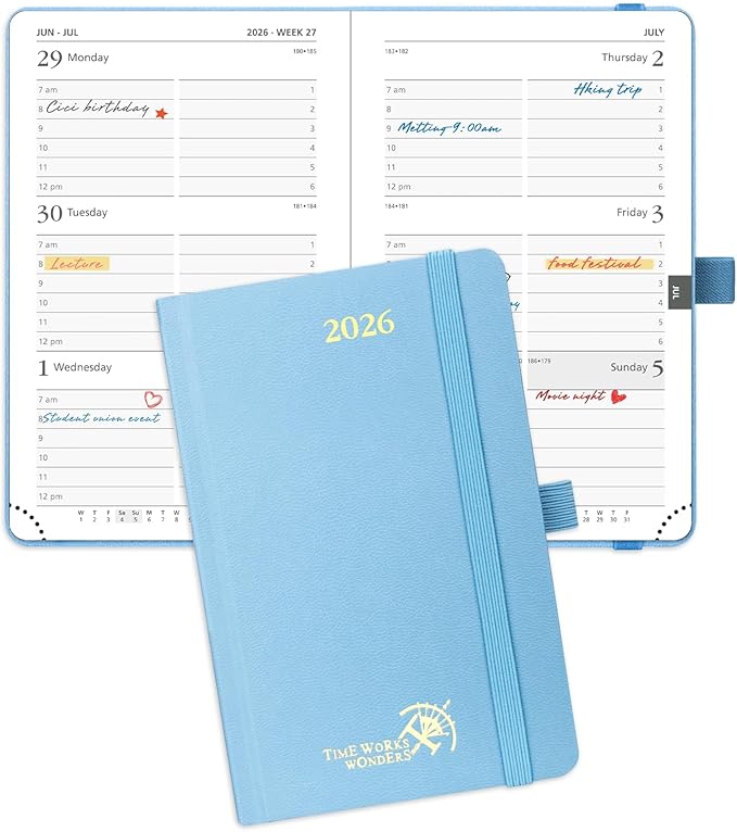 POPRUN 2026 Planner (Pocket Size 4''x 6.25'' Hardcover) - Small Calendar for Purse with Hourly Schedule & Vertical Weekly Layout, Monthly Calendars, 100 GSM - Haze Blue-DeskLoop Office