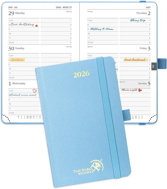POPRUN 2026 Planner (Pocket Size 4''x 6.25'' Hardcover) - Small Calendar for Purse with Hourly Schedule & Vertical Weekly Layout, Monthly Calendars, 100 GSM - Haze Blue-DeskLoop Office