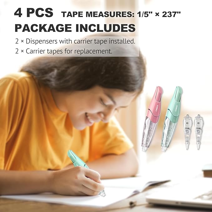 Refillable Retractable White Correction Tape, White Smooth Pull Out Correction Tape with 2 Extra Refills, Cute Correction Tape for Office Supplies, 4 PCS (CS-25)-DeskLoop Office